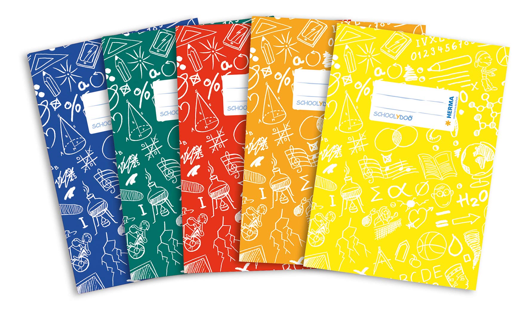 HERMA Exercise Book Cover A5 SCHOOLYDOO design, with inscription label, made of wipeable and sturdy plastic, slip on cover jackets for school, pack of 5, assorted colours — image 1