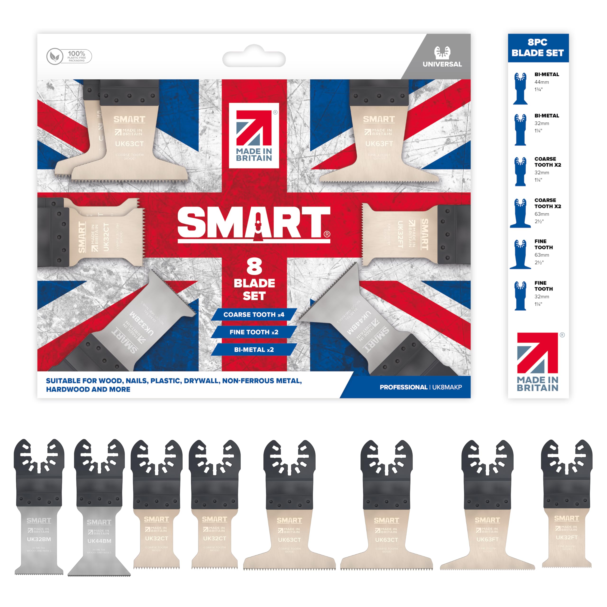 SMART 'Made in Britain' Professional Series 8 Piece Multi Tool Blade Set, 8 x High-Quality Multi Tool Blades