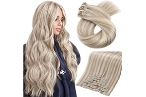 Moresoo Seamless Clip in Hair Extensions Human Hair Blonde Highlight Remy PU Weft Human Hair Clip in Extensions Ash Brown with Bleach Blond Hair Extensions for Women with A Hint of Pink 7pcs 120g 18in