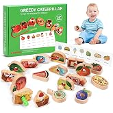 Arnbz Wooden Caterpillar Lacing Toy for Fine Motor Skills, Ages 2-5 | 2.5-inch wooden beads, 8 pattern cards, 18 fruit and vegetable pieces, and a fine motor lacing game for ages 2&ndash;5
