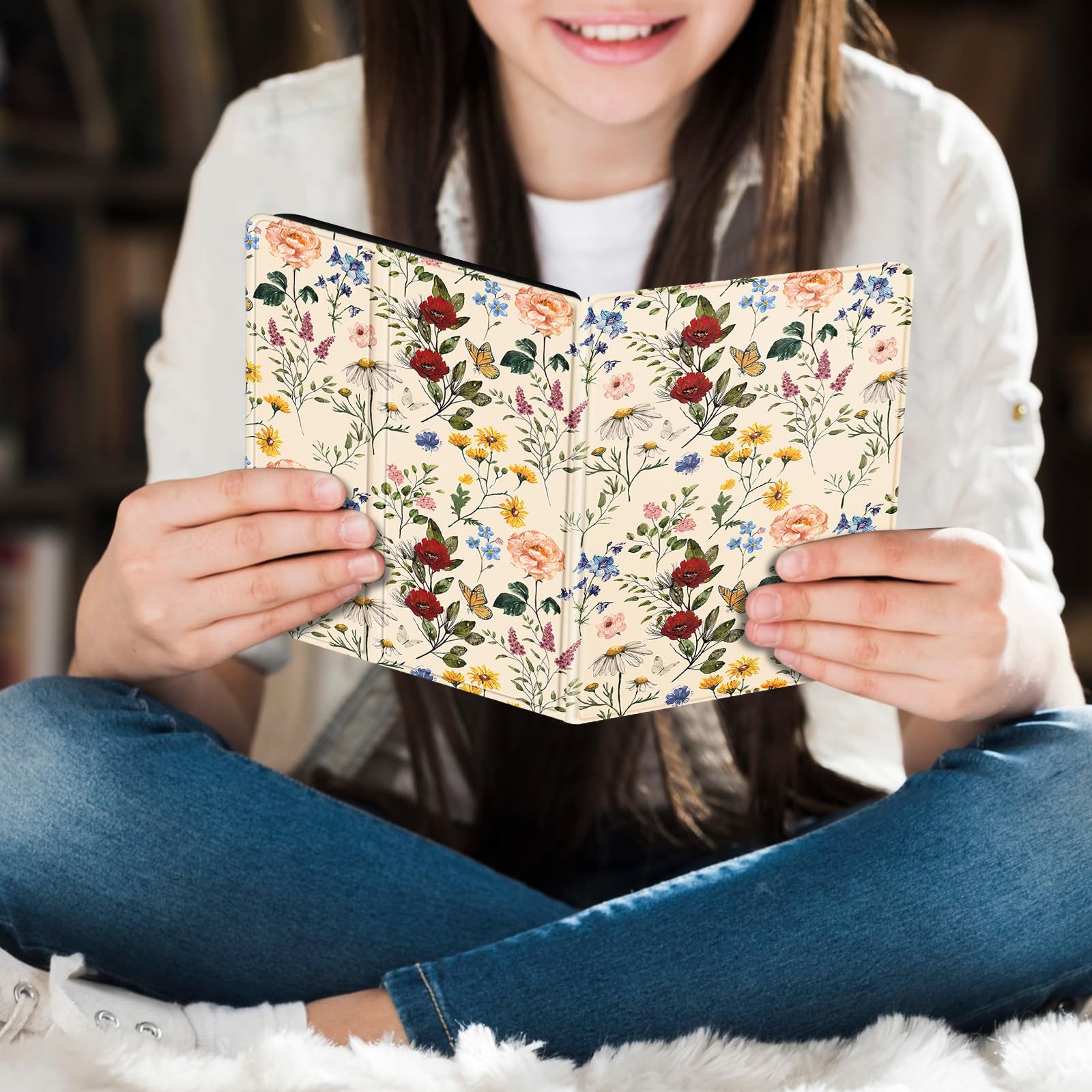 Uppuppy for Kindle Paperwhite 11th Generation Case 6.8 Inch 2021 / Paperwhite Signature Edition Cute Women Girls Teens Kids Unique Floral Folio Fabric Paper White Cover with Auto Sleep/Wake E-Reader