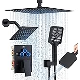 Shower Faucet Set, 12" Ceiling Mount Rainfall Shower System with 2 Rain Shower Head and Multi-function Handheld Head Push Button Diverter Shower Faucet Trim Kit (12", Matte Black)