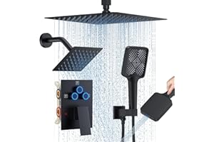 WOINDO Shower Faucet Set, 12" Ceiling Mount Rainfall Shower System with 2 Rain Shower Head and Multi-function Handheld Head Push Button Diverter Shower Faucet Trim Kit (12", Matte Black)