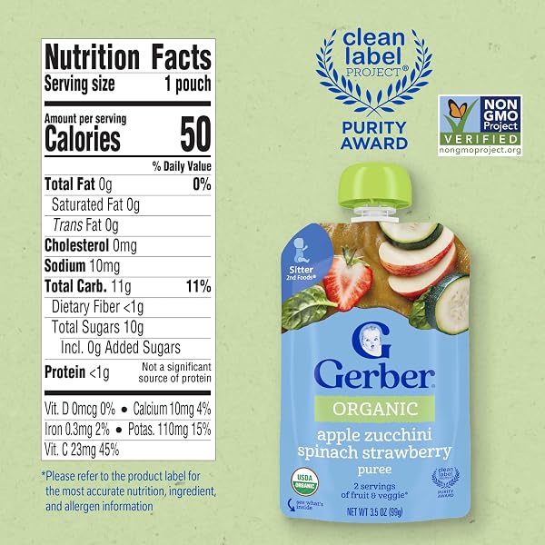 GERBER ORGANIC BABY FOOD POUCHES, 2ND FOODS FOR SITTER, APPLE ZUCCHINI SPINACH STRAWBERRY, 3.5 OUNCE