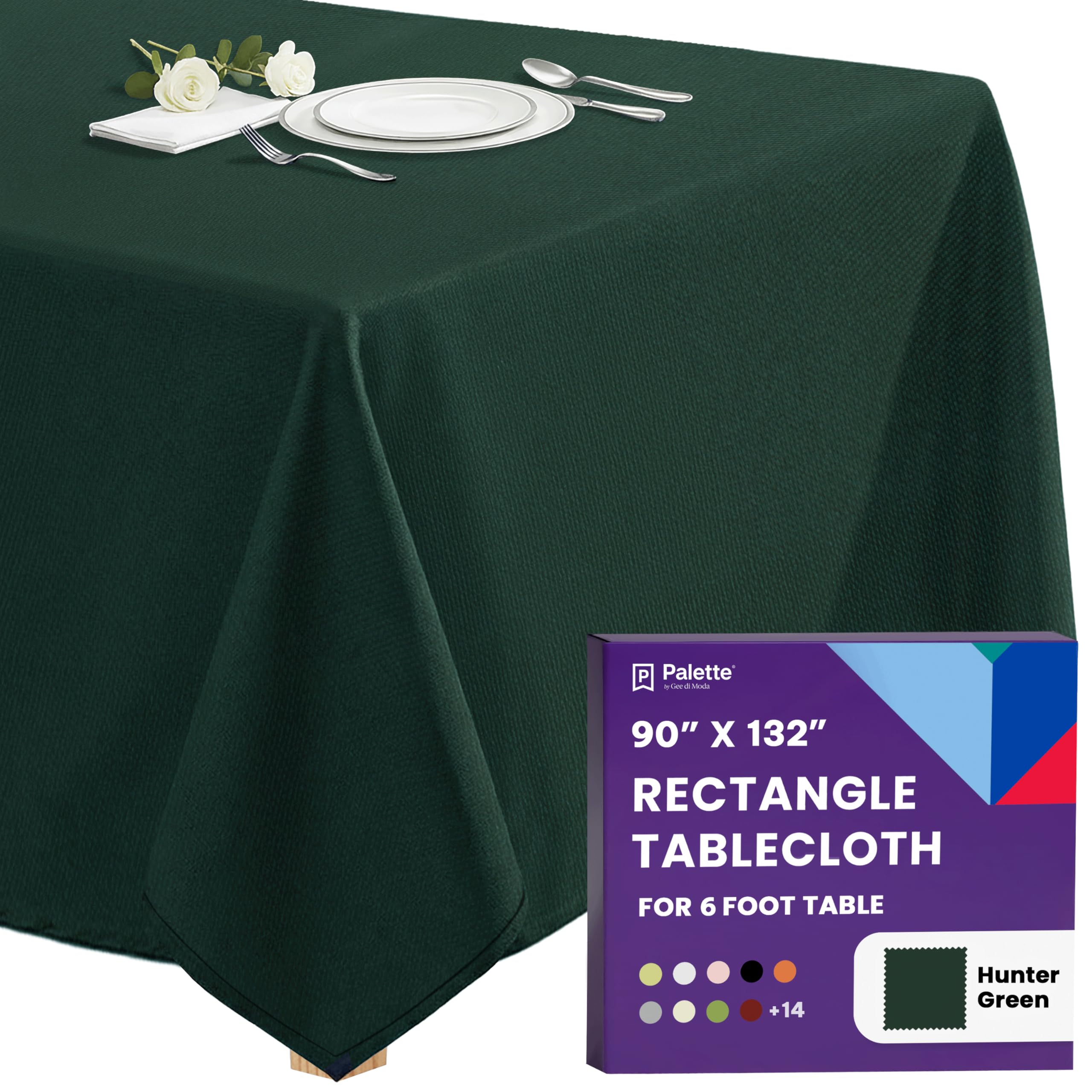 Gee Di Moda Rectangle Tablecloth - 90 x 132 Inch Hunter Green Table Cloth for 6 Foot Table with Floor-Length Drop - Heavy Duty Washable Fabric - 6 Ft Buffet Table, Holiday Party, Wedding & Baby Shower