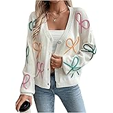 WDIRARA Women's Bow Cardigan Button Down V Neck Long Sleeve Drop Shoulder Knit Sweater