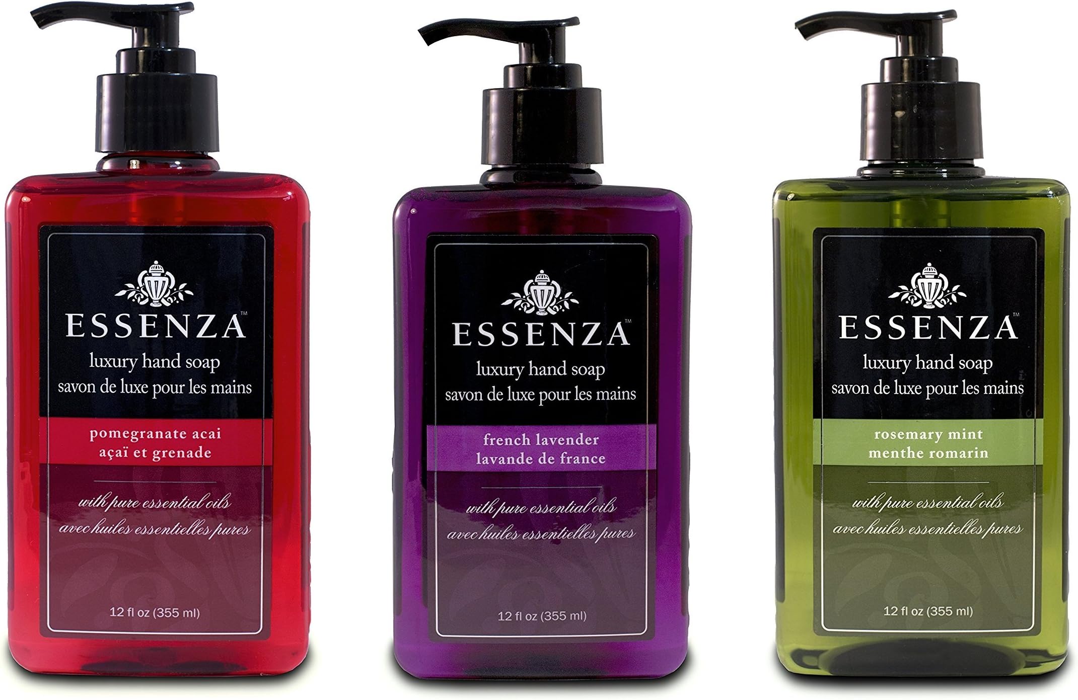 Essenza Luxury Hand Soap with Pure Essential Oils Bundle - Pomegranate Acai (Red, 12 Ounce), French Lavender (Purple, 12 Ounce), and Rosemary Mint (Dark Green, 12 Ounce)