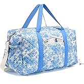 Dansydaisy Large Quilted Travel Duffle Bag for Women Floral Portable Gym Weekender Bag with Zipper Pockets Workout Grocery Pouch Duffle Gift Pouch for Work(Blue Floral)