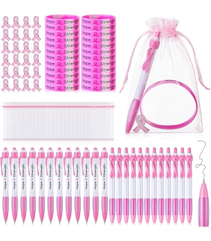 24 Bolígrafos De Concienciación Cáncer De Mama - Con Tarjetas Y Bolsas Rosas, Mensajes De Esperanza Y Fuerza