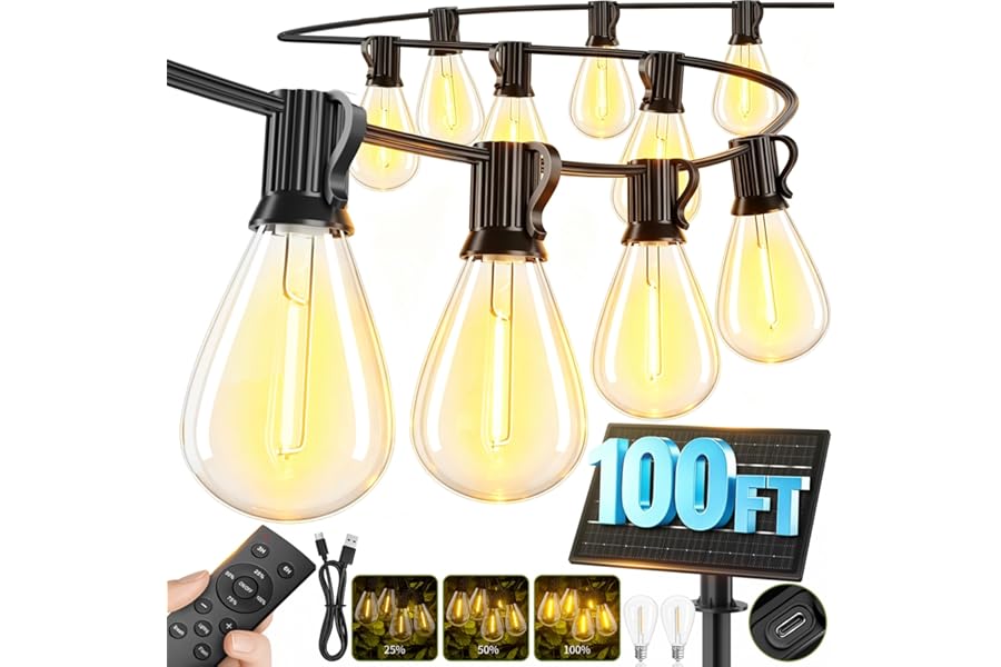 Sikitul 100FT Solar String Lights Outdoor Waterproof, 35+1 LED Solar Powered Lights with Remote Control, 3 Light Modes & Dimmable, USB-C Charging for Patio, Backyard, Garden, Camping