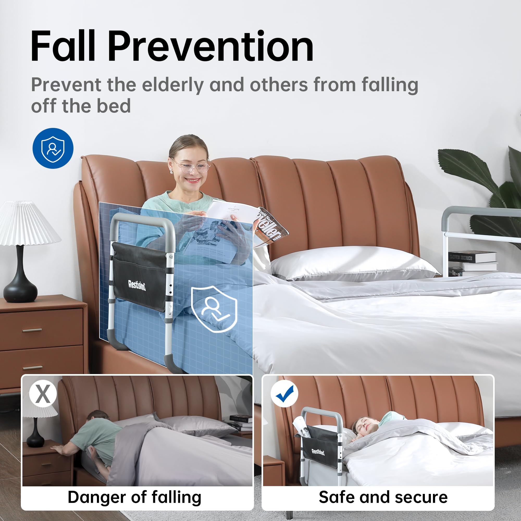 Dual Bed Side Hand Rail, Bed Assist Rail Adjustable Medical Hospital Assistive Devices Bed Rails for Elderly Adults, Fits Queen, Full & Twin Beds