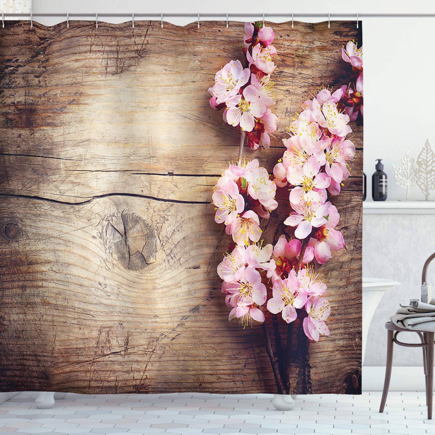ABAKUHAUS Floral Shower Curtain, Spring Blossom on Wooden Table Romantic Natural Farmhouse Countryside Style Print, Cloth Fabric Bathroom Decor Set with Hooks, 175 x 220 cm, Pink Brown