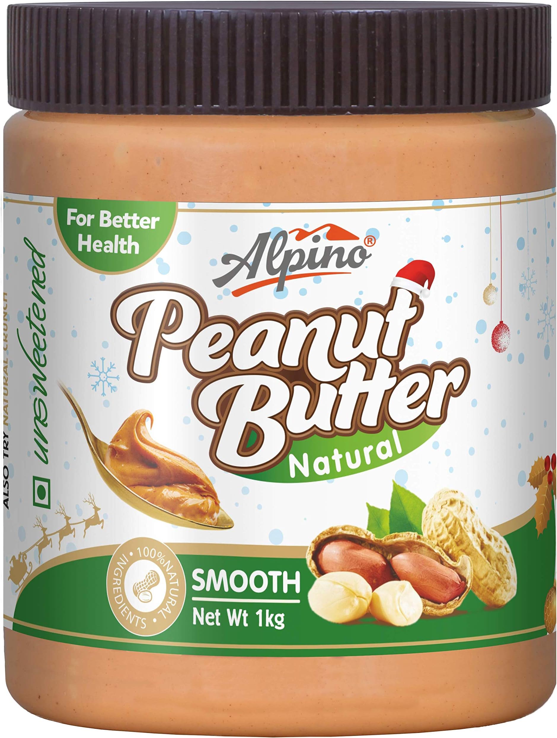 Alpino “Christmas Edition” Natural Peanut Butter Smooth 1kg (Unsweetened / Gluten Free / Non-GMO / Vegan)