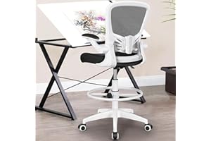MINLOVE Ergonomic Drafting Office Chair, Tall Office Chair with Flip-up Armrests Executive Ergonomic Computer Standing Desk Chair with Lumbar Support and Adjustable Footrest(White)