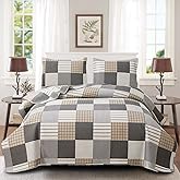Brown Black Plaid Bedding Sets, 3 Pcs Queen Size Quilt Bedspread Checked Patchwork Print Coverlets Bedcover Reversible Bed Cover Country Bedroom Decor(90"x 90")