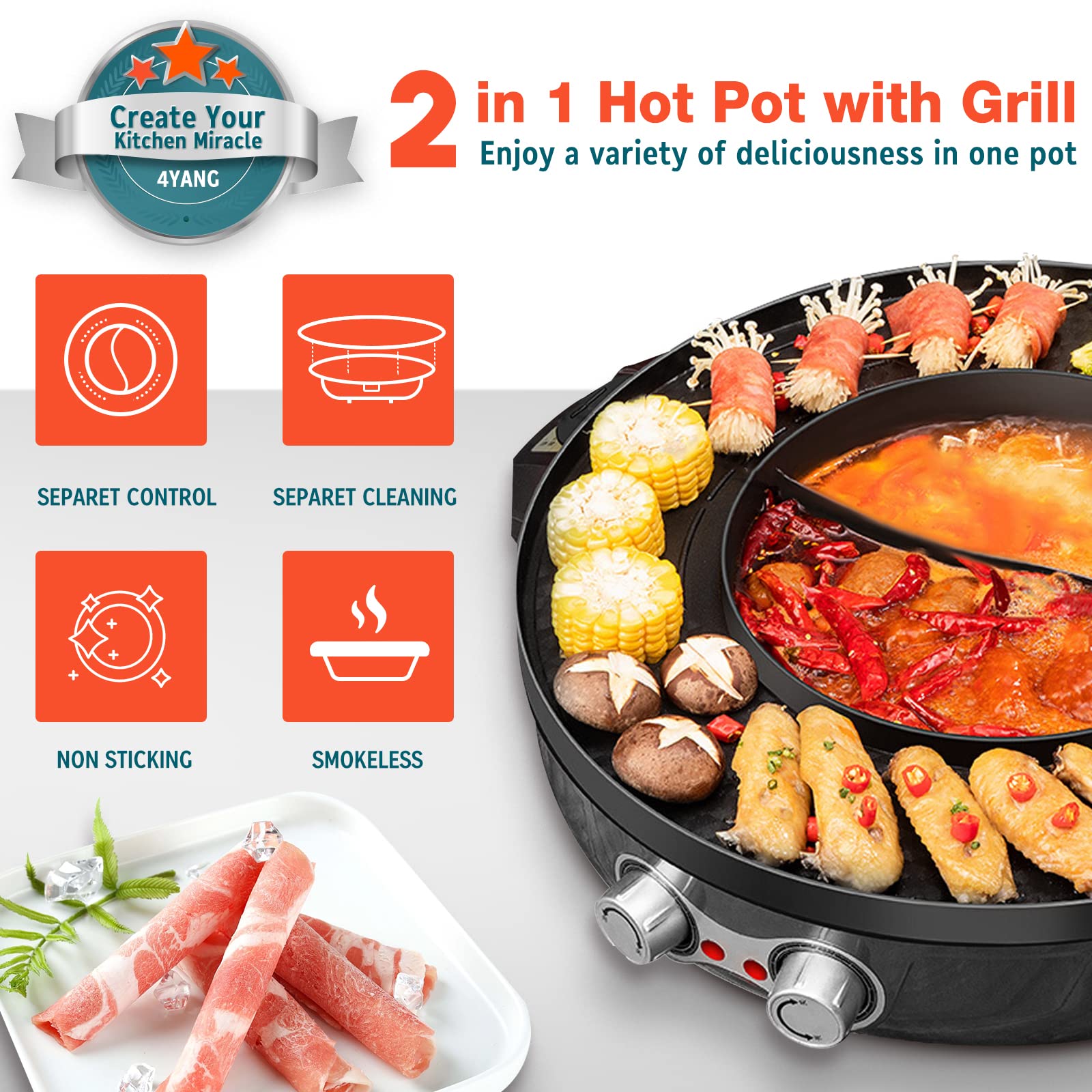Mua Hot Pot with Grill, 2000W 2 in 1 Electric Hot Pot Grill Cooker with ...