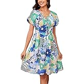 Kormei Women's Floral Print V Neck Dress Short Puff Sleeve Zipper A line Flare Short Dress