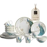 222 Fifth 16-Piece Porcelain Dinnerware Set for 4, Elegant Plates and Bowls Sets-White, Teal, Gold Ceramic Dishes, Chip Proof Kitchen and Dining Dish Set, Microwave &amp; Dishwasher Safe, Peacock Garden
