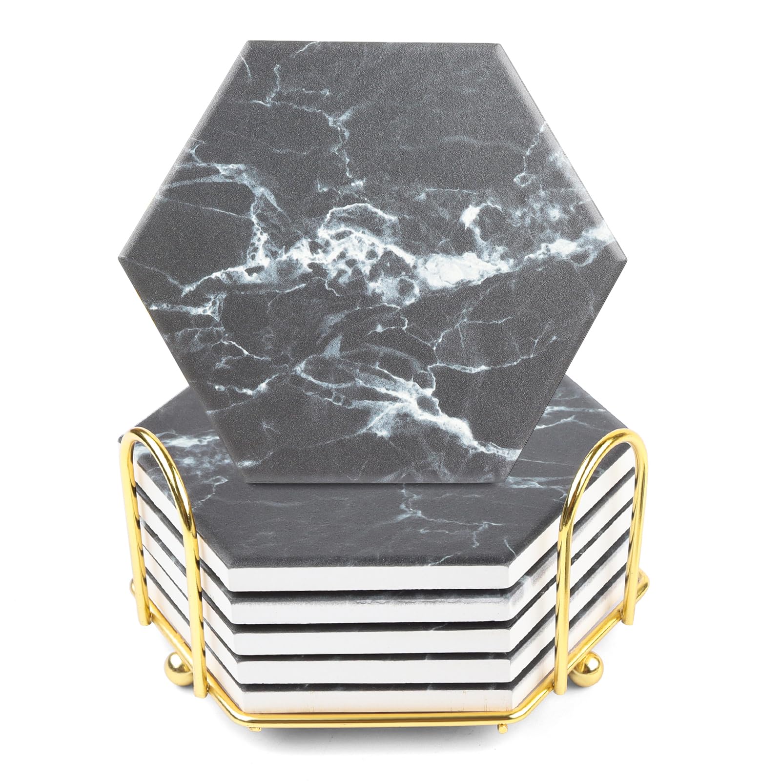 Marble Coasters Set of 6 - Ceramic Coasters with Metal Holder and Cork Base - Drink Coasters Set Home Decor for Living Room Bar - Housewarming Gifts for Cups and Tables 4 ''