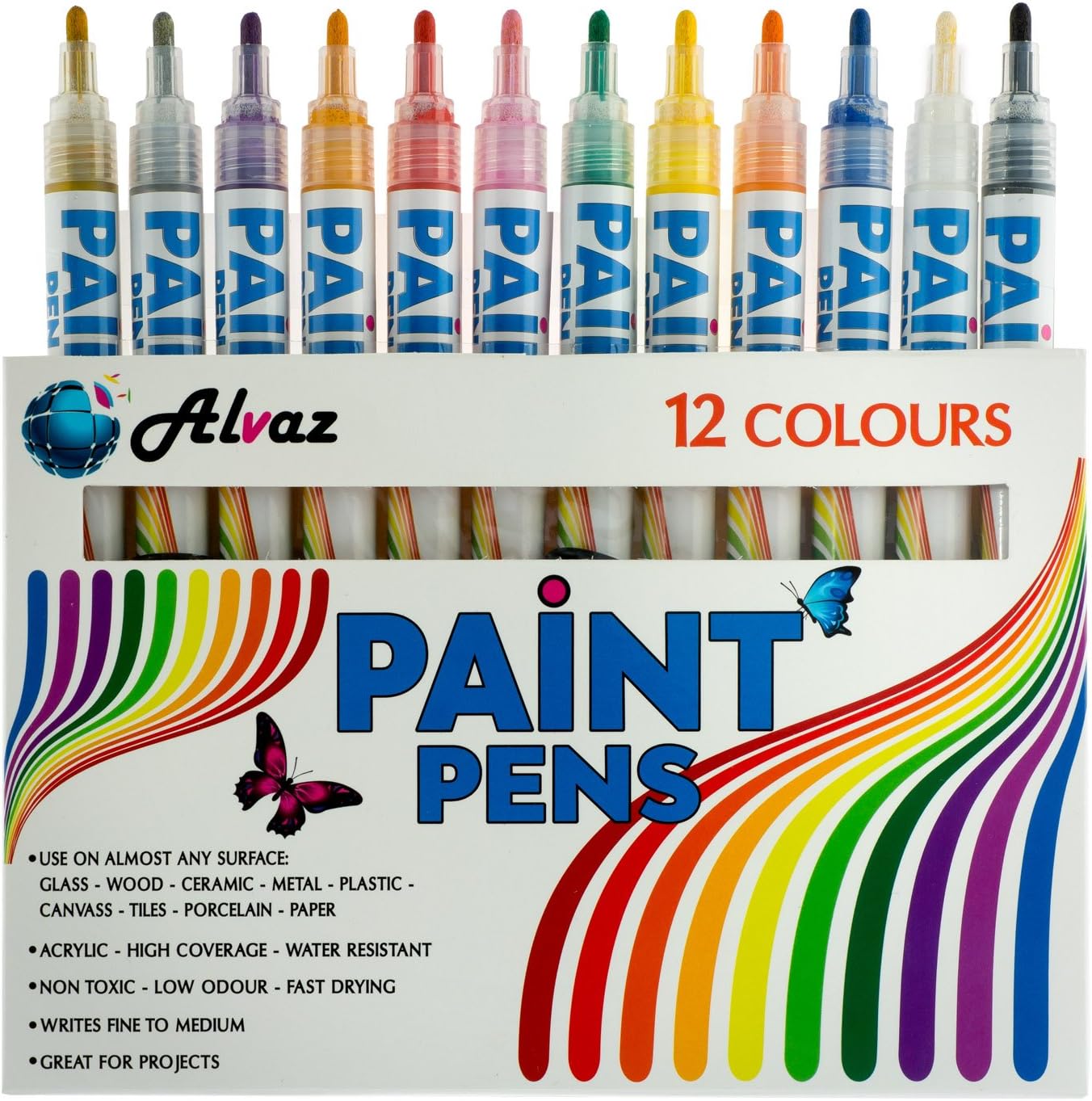 Alvaz Paint PENS,12 Vibrant Colors, FINE Point to Medium Point, Water Based Acrylic, Writes ON All Surfaces, Low Odor, Fast Drying, Non Toxic, Best Choice of Paint Marker PENS for Arts & Craft