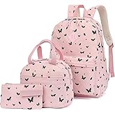 Yusudan Corduroy Girls Backpack Set, 3PCS School Backpacks for Kids Elementary Middle School Bags with Lunch Box Pencil Case (Pink Corduroy Butterfly)