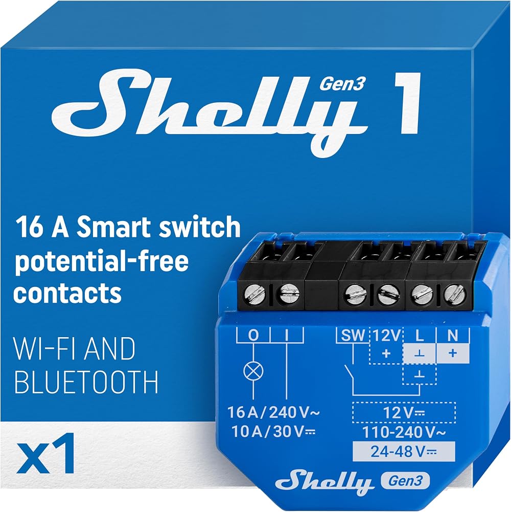 Shelly 1 Gen3 Wi-Fi Matter Smart Relay Switch 16A Dry Contacts Home Automation