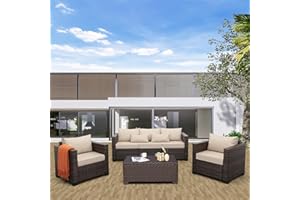 OASISHINE Outdoor Patio Furniture Set 4 Pieces Wicker Outdoor Furniture Chairs and Sofa Patio Storage Table Non-Slip Cushions and Waterproof Covers, Khaki