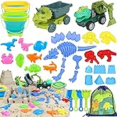 Beach Toys, 36Pcs Dinosaur Sand Toys for Kids Toddlers, Sandbox Toys with 2 Truck, Collapsible Beach Bucket, Mesh Bag, Sand Molds, Sand Castle Building Kit, Travel Beach Toy for Kids Toddlers Ages3-12