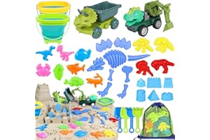 FUSPWEAO Beach Toys, 36Pcs Dinosaur Sand Toys for Kids Toddlers, Sandbox Toys with 2 Truck, Collapsible Beach Bucket, Mesh Bag, Sand Molds, Sand Castle Building Kit, Travel Beach Toy for Kids Toddlers Ages3-12