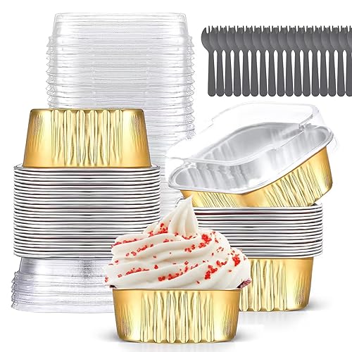 Mini Cake Pans With Lids (10oz,40 Pack) Aluminum Foil Square Cupcake Liners  Brownie Baking Cups,Disposable 4”x4” Large Cupcake Pan,Jumbo Muffin Tin
