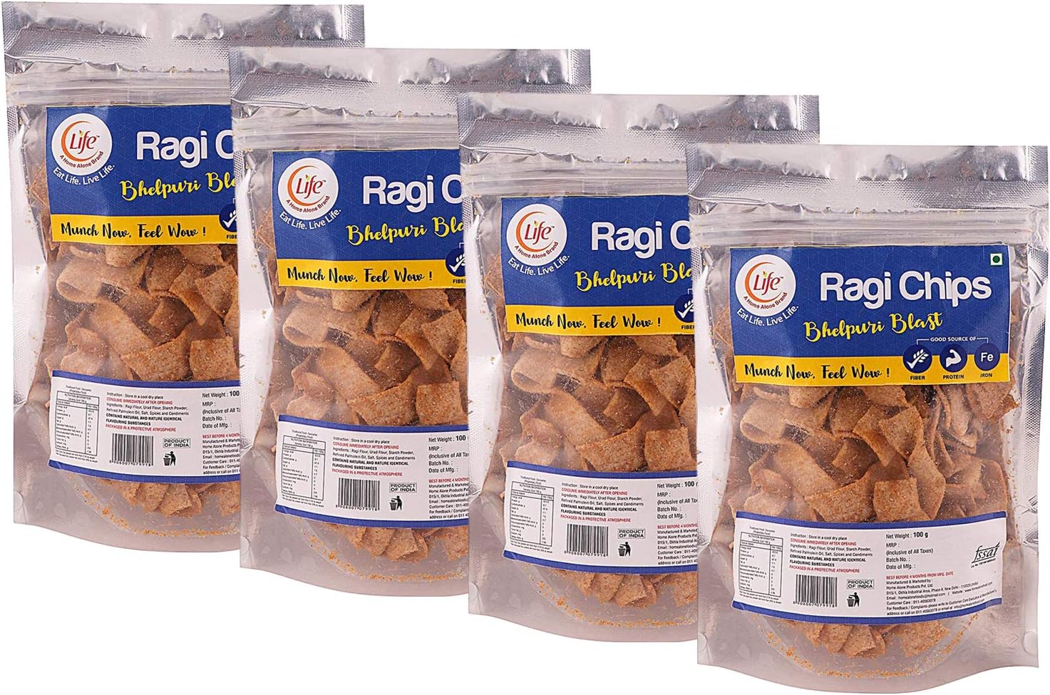 Life - Ragi Nachni Millet Chips - Bombay Bhelpuri Blast 100g Each (Pack of 4) - Healthy Fiber Protein Snacks