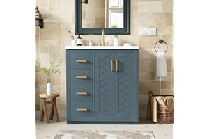 THINK 30 30 inch Dark Blue Bathroom Vanity with Sink and Countertop,Solid Wood Frame Bathroom Cabinet with Sink,Modern Sink Storage Cabinet with 3 Drawers & Soft Closing Doors,Gold Handles