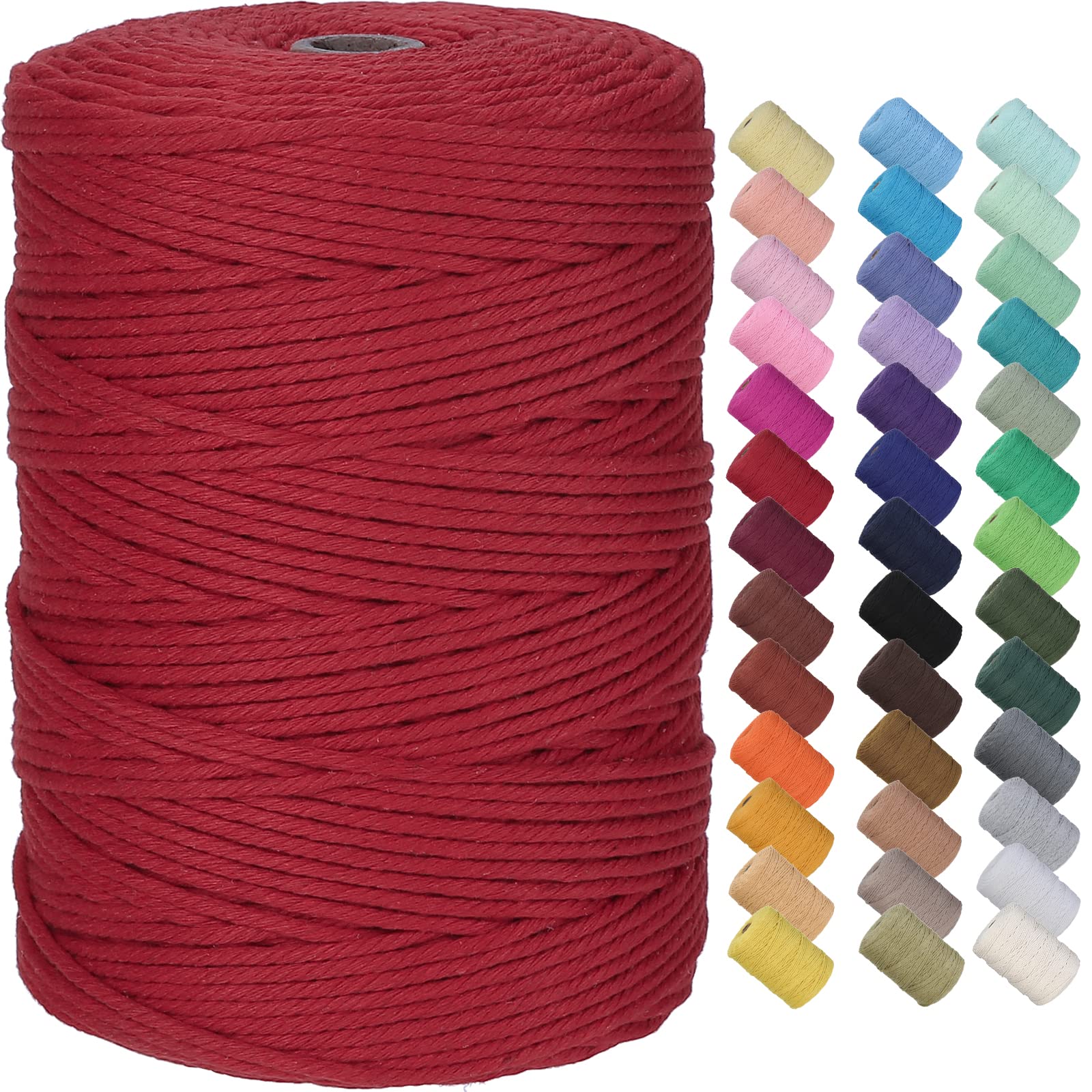 GOHOF Macrame Cord 3mm x 300m Premium Cotton Macrame Rope, 4 Strand Twisted Soft Cotton Cord, One of The Most Perfect Materials for Macrame Art, Cotton String Without Chemicals (Red)