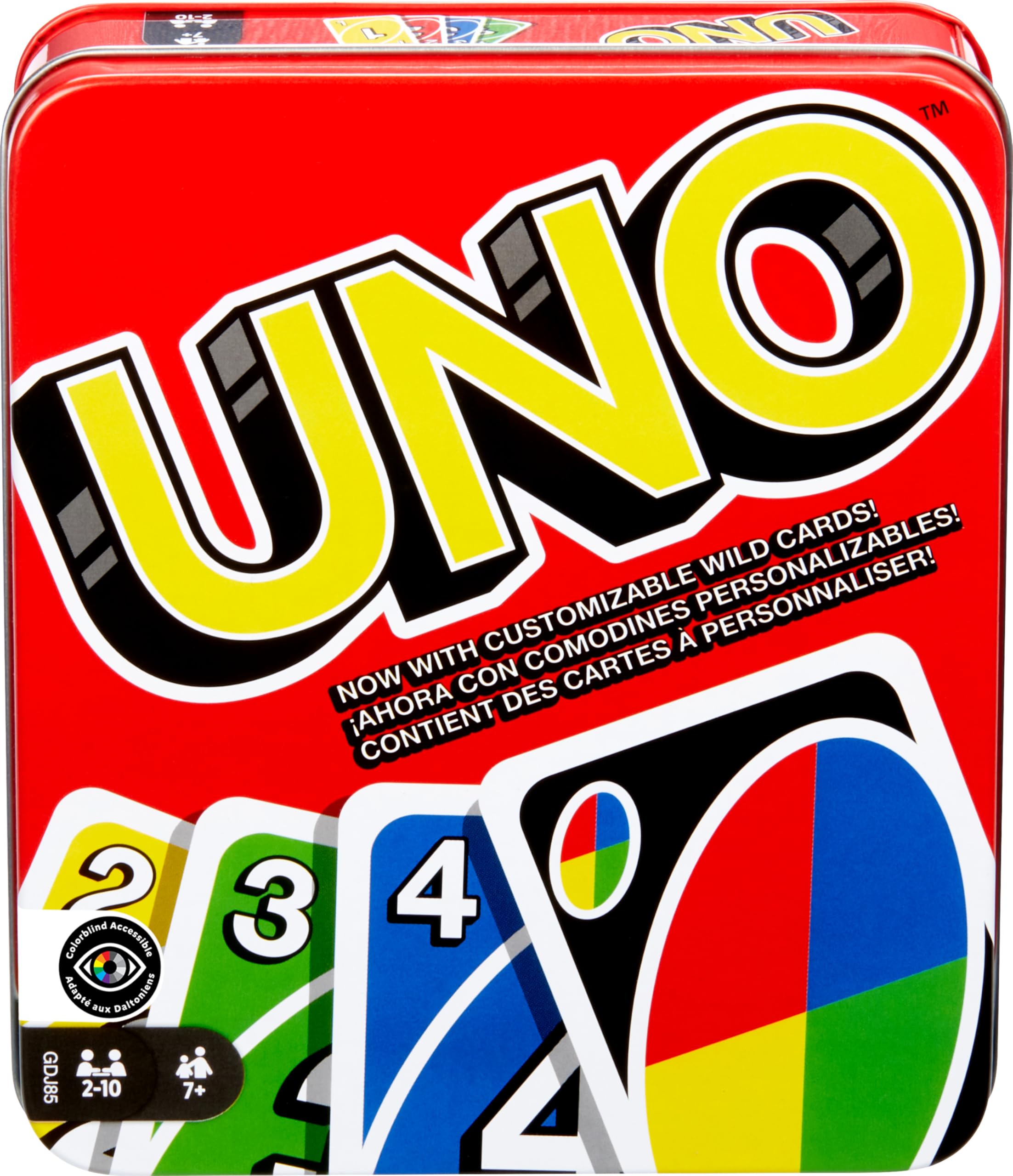 UNO Family Card Game in a Sturdy Storage Tin with 112 Cards, Travel-Friendly, Makes a Great Gift for 7 Year Olds and Up, GDJ85