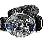 Photect Western Leather Buckle Belts Cowboy Deer Buckle Belt Wildlife Elk Buckle Belt Floral Engraved Cowboy Belts for Men