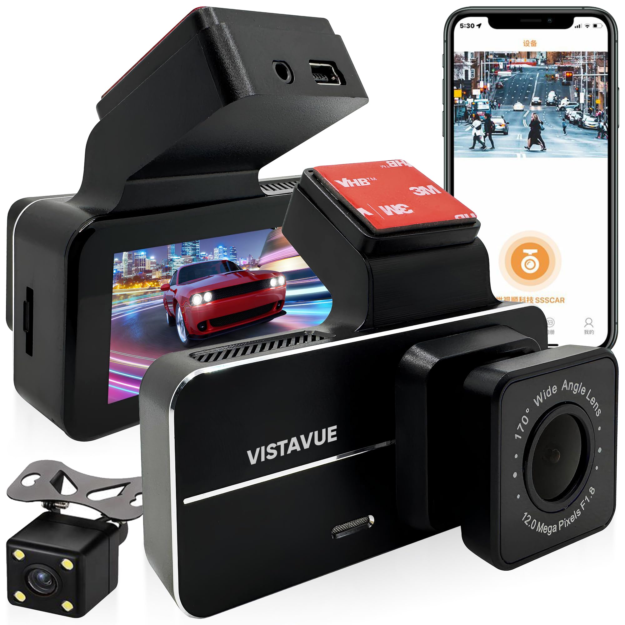 VistaVue Dash Cam - 2K Front and Rear 1080P - WiFi, GPS, Night Vision, Loop Recording, G-Sensor, Parking Mode