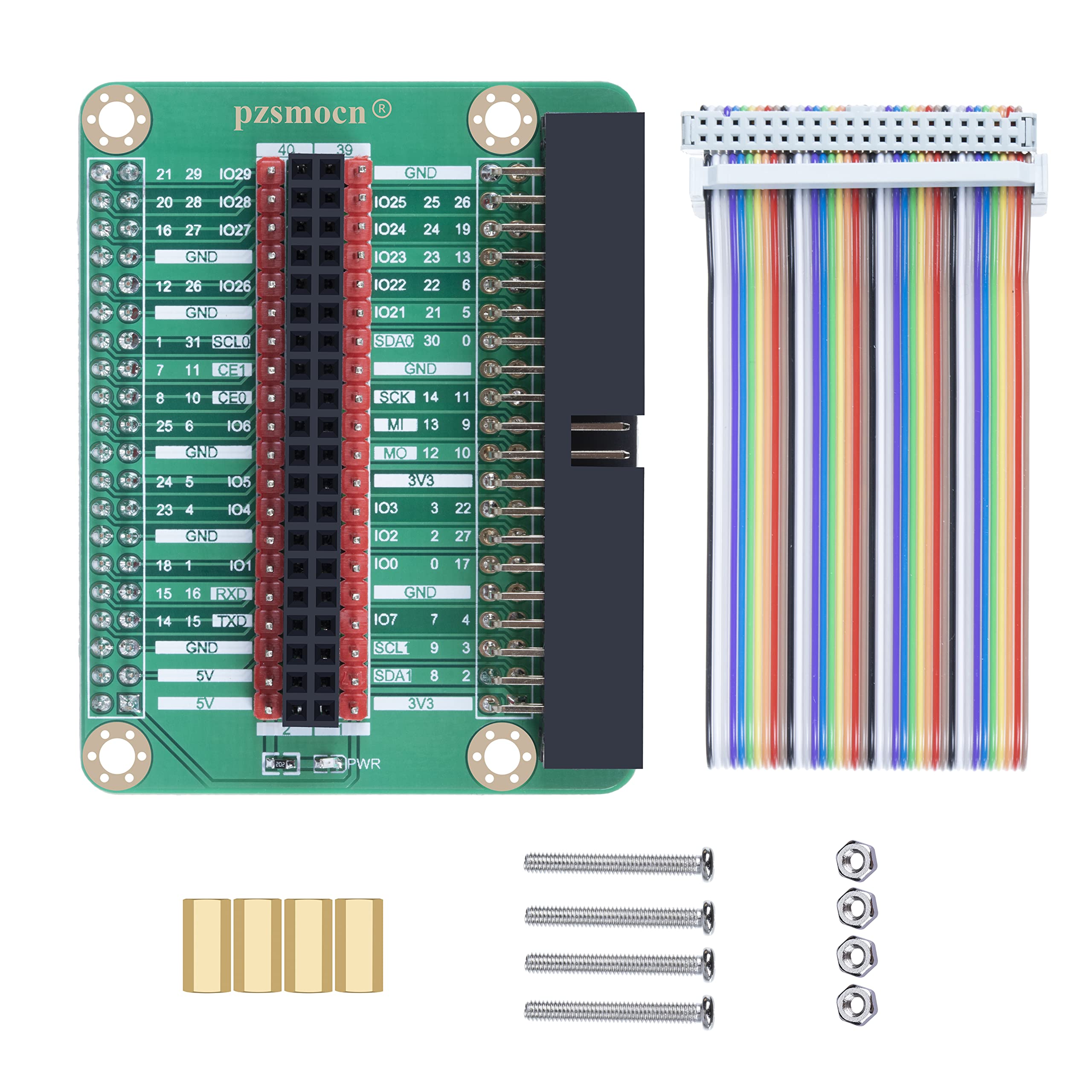 Pzsmocn IO Expansion Board Compatible with Raspberry Pi-3, Pi-4 and Pi-400. with 40 Pin Contrast Silk Screen, BCM Encoding Information, WiringPi Encoding Information and Color GPIO 40 Pin Cable.
