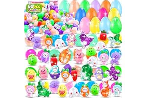 BICMAN 60 PCS Prefilled Easter Theme Party Favor Eggs with Toys Inside, Basket Stuffers,Bulk Egg Fillers with Mini Pop Keychain, Filled with Squishy Toy Rabbit, Classroom Prize