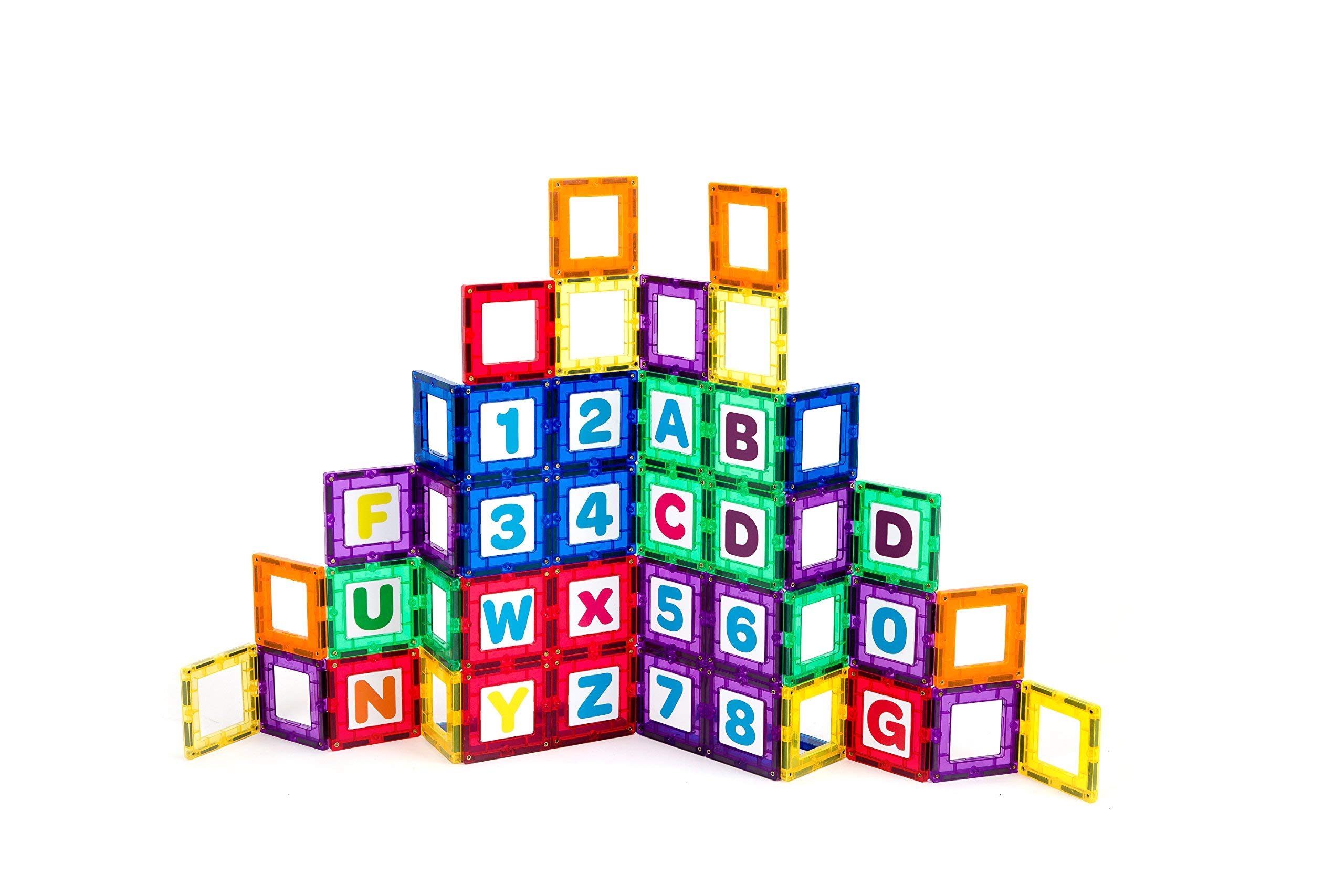 Playmags 36 Pcs Magnetic Tiles Building Set - Magnetic Tiles For Kids Includes 18 - Stronger Magnets Clear Color Magnet Windows -18 Letters & Numbers – Stimulate Creativity & Development