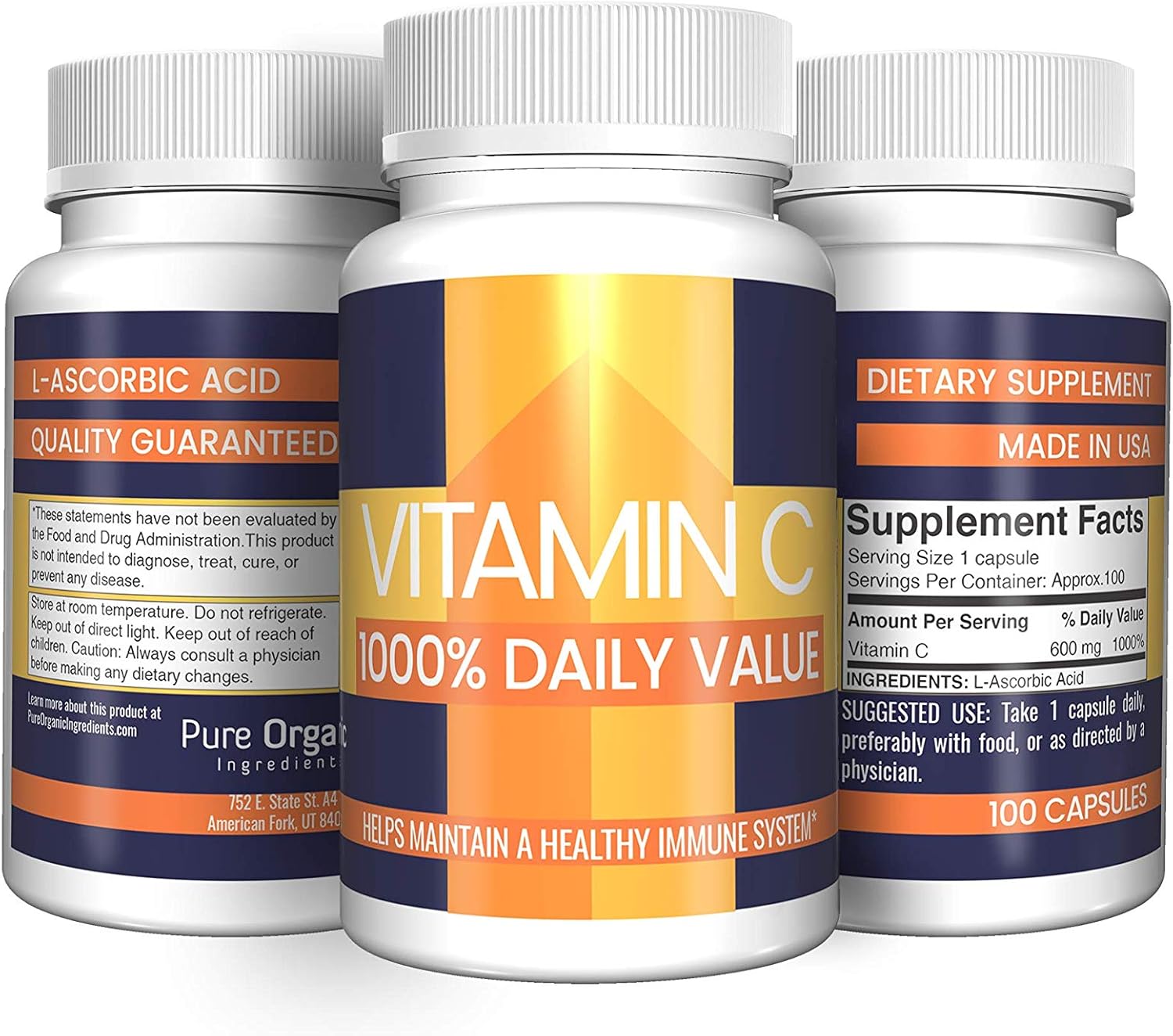 Vitamin C Capsules (100 Capsules, 600 mg) by Pure Organic Ingredients, 1000 Daily Value, L