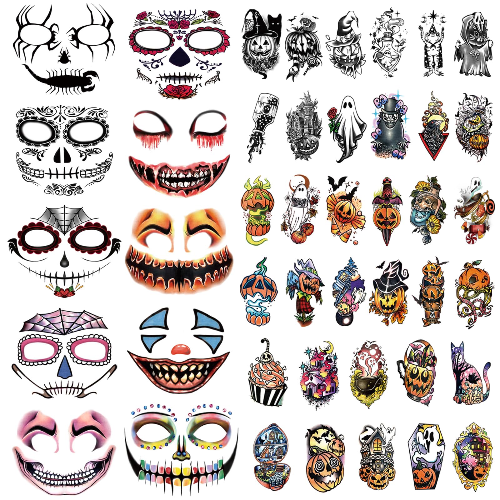 50 Sheets Halloween Temporary Tattoo Family Set Day of Dead Pumpkin Ghost for Women Black Fake Death Skull Floral Skeleton Tatoos for Men Boy Girl, Halloween Zombie Makeup Tattoo Party Favor Supplies — image 1
