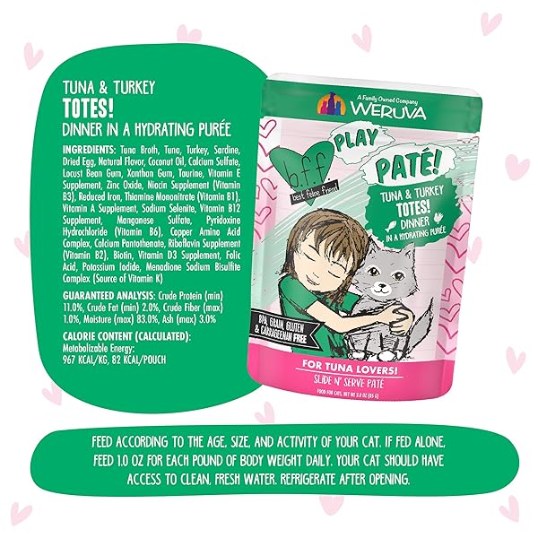 WERUVA B.F.F. PLAY – BEST FELINE FRIEND PATÉ LOVERS, AW YEAH!, TUNA & TURKEY TOTES! WITH TUNA & TURKEY, 3OZ POUCH (PACK OF 12)