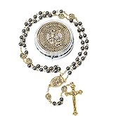 Nazareth Store St Michael Rosary Hematite Stone Beads Necklace Metal Beaded Glory Beads Archangel Medal & Cross with Metal Gift Box