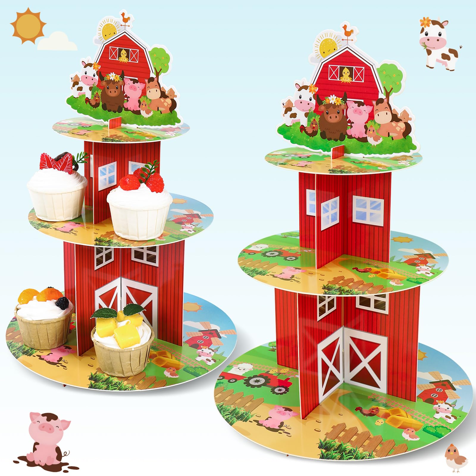 Photo 1 of 2Pcs Farm Cupcake Stand - 3 Tier Farm Animals Theme Birthday Party Decorations Cardboard Cake Holder Dessert Tower 