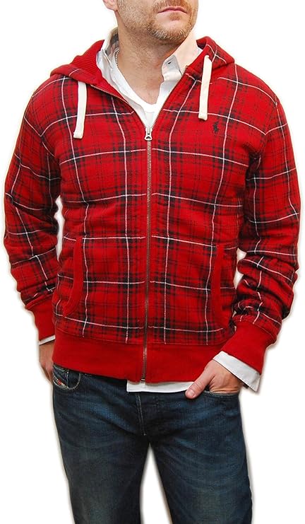 Ralph Lauren Polo Mens Hoodie Plaid Hooded Zip Sweatshirt Shirt Red Black Medium: Amazon.ca 