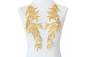 JINMOMOMO White Gold Leaf Leaves Lace Patches Fabric Sequin Embroidered Party Gown Appliques Collar Sew Patch for DIY Wedding Decoration Dress Decor (Gold)