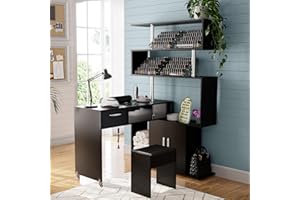 Kikihouse Manicure Table Nail Desk with Stool, Rotating L-Shaped Nail Tech Desk with Dust Collector, Two-Way Drawer, Cabinet & Storage Shelves, Reversible Manicure Workstation on Wheels (Black)
