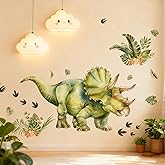 Large Dinosaur Wall Stickers, Green Triceratops Dino with Plantain Leaf, Wall Decals Peel and Stick Decal for Nursery Kids Room Décor