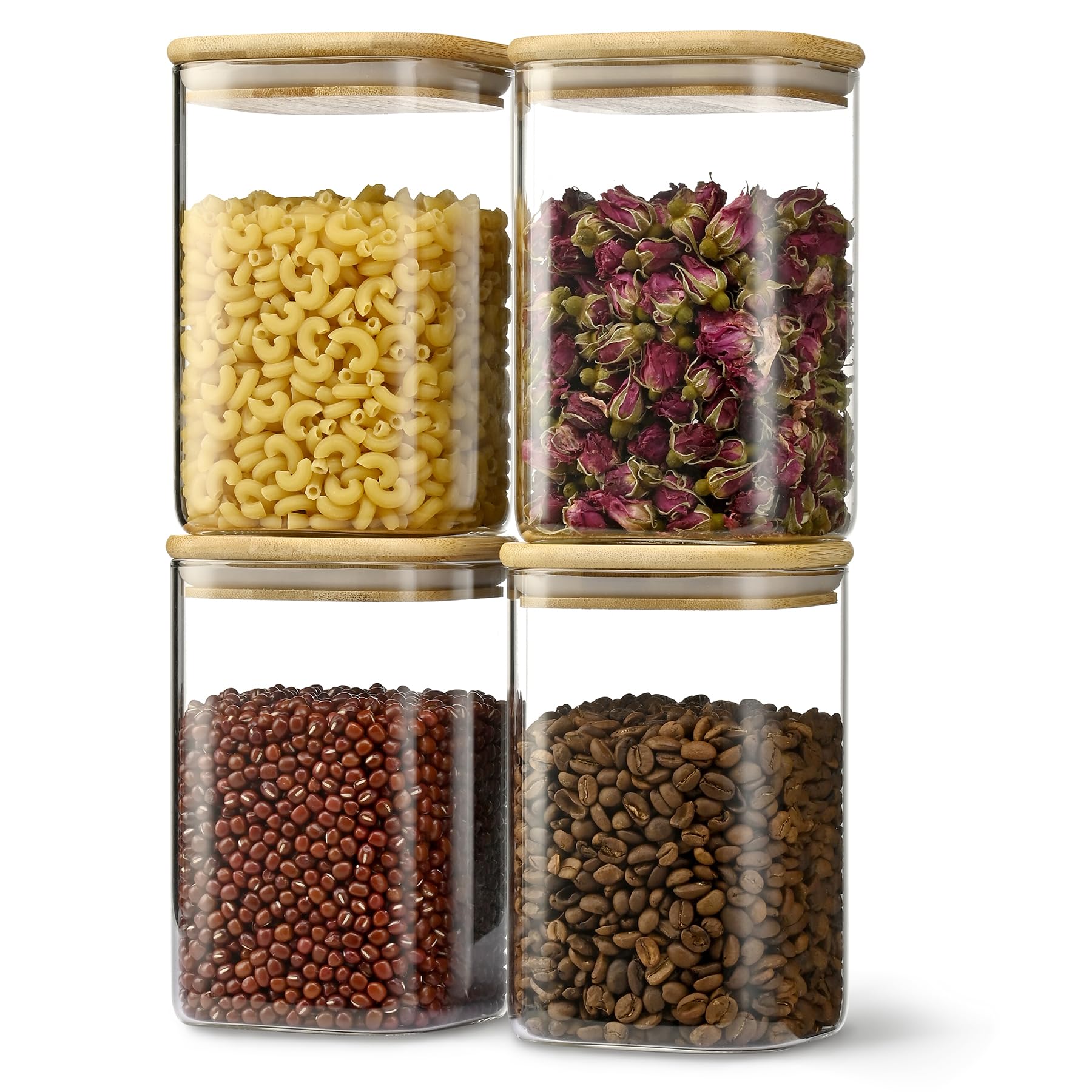 Photo 1 of **2 PCS**D2scrma 37oz Airtight Glass Square Storage Canister with Bamboo Lid Set of 4 (1100ml) Container Stackable Jar, Kitchen Canister for Pantry Noodles, Flour and Coffee beans (?with Black Lable)