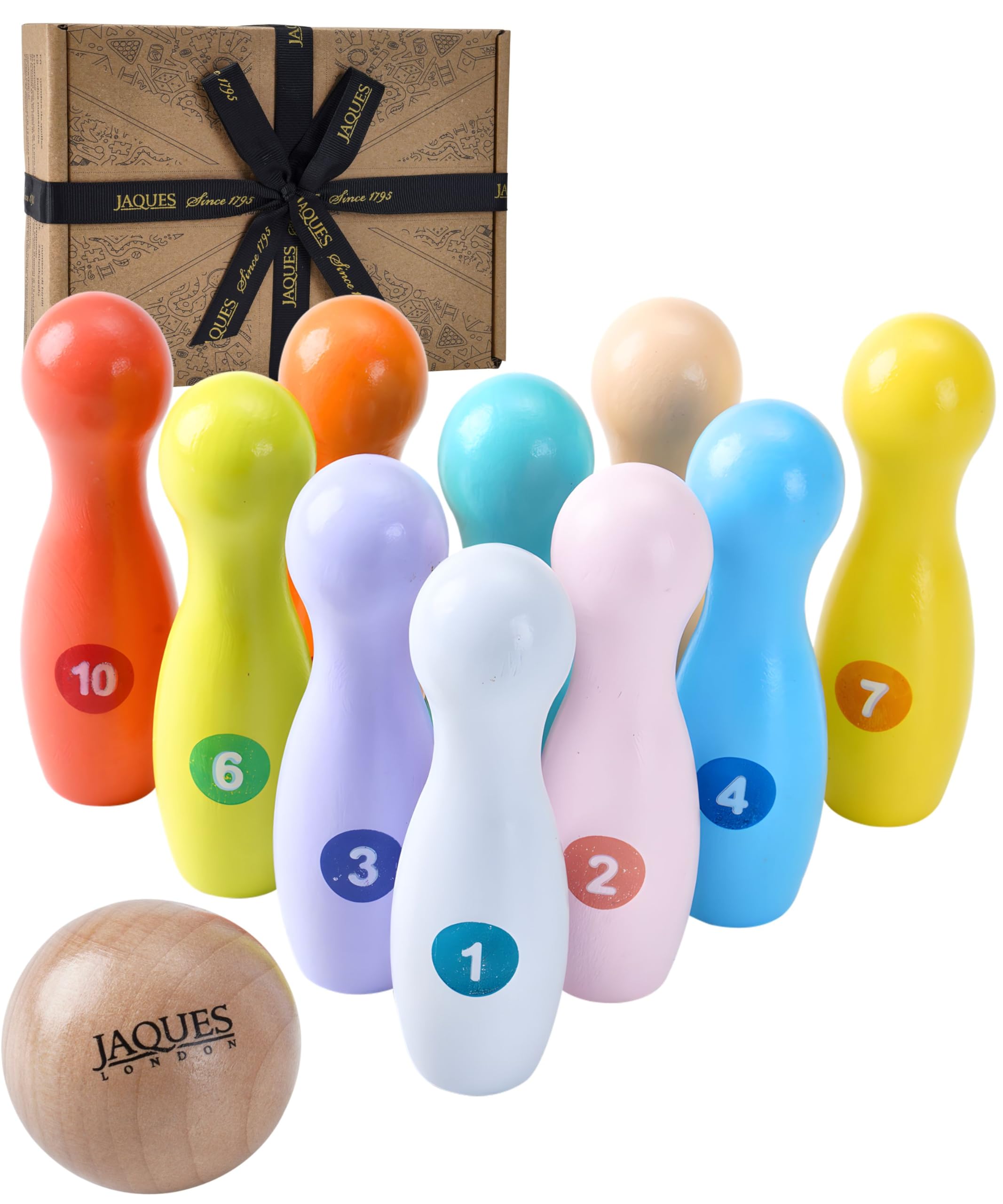 Jaques of London Wooden Skittles Game for Kids | Colourful Mini Wooden Bowling Set | Sustainable Wooden Games for Toddlers 1 Year + | Since 1795